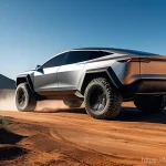 테슬라 사이버트럭의 내구성 테스트 - A sleek, futuristic Tesla Cybertruck made of ultra-hard stainless steel, its angular and brutalist d...