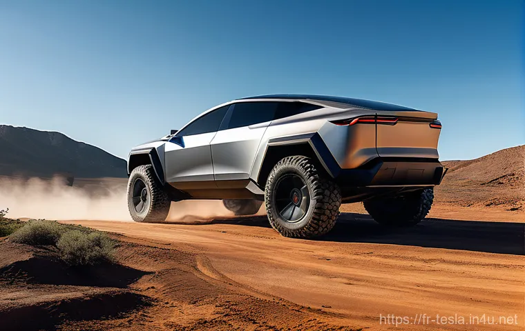테슬라 사이버트럭의 내구성 테스트 - A sleek, futuristic Tesla Cybertruck made of ultra-hard stainless steel, its angular and brutalist d...