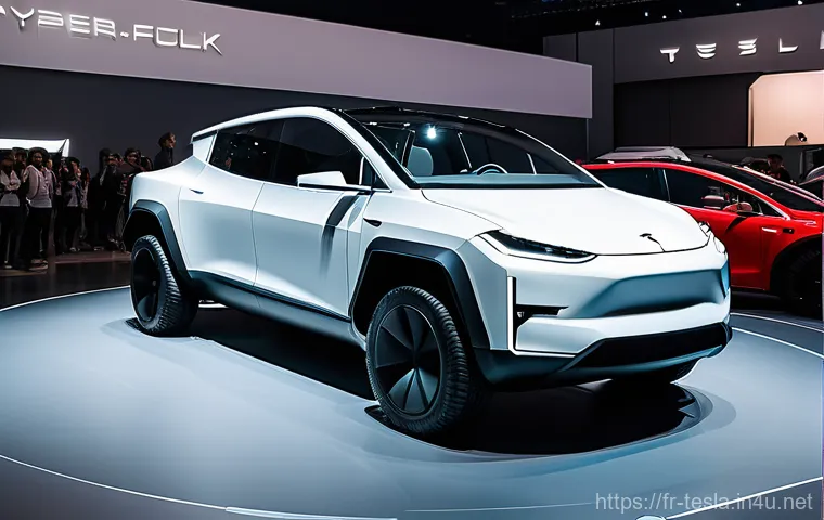 테슬라 사이버트럭의 내구성 테스트 - A Tesla Cybertruck effortlessly navigating a busy urban street at dusk, its sharp, geometric lines s...