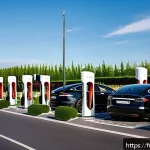 테슬라 전기차의 충전소 위치 확인 방법 - A detailed, realistic scene of a Tesla Supercharger station located near a modern French highway res...