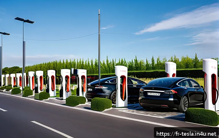 테슬라 전기차의 충전소 위치 확인 방법 - A detailed, realistic scene of a Tesla Supercharger station located near a modern French highway res...