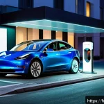 테슬라 전기차와 중국 전기차 비교 - A sleek, modern electric vehicle charging station in a bustling European cityscape at dusk, showcasi...