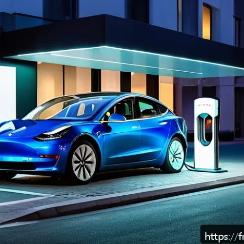 테슬라 전기차와 중국 전기차 비교 - A sleek, modern electric vehicle charging station in a bustling European cityscape at dusk, showcasi...