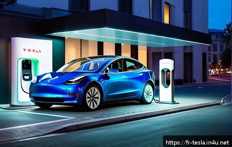테슬라 전기차와 중국 전기차 비교 - A sleek, modern electric vehicle charging station in a bustling European cityscape at dusk, showcasi...