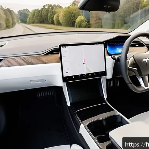 테슬라 모델 3의 실내 인테리어 리뷰 - Interior view of a Tesla Model 3 showcasing a minimalist and spacious design with a large 15-inch ce...