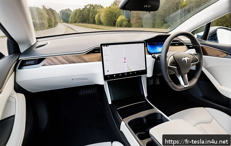 테슬라 모델 3의 실내 인테리어 리뷰 - Interior view of a Tesla Model 3 showcasing a minimalist and spacious design with a large 15-inch ce...