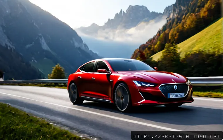테슬라 모델 S 플래드의 고성능 리뷰 - Photorealistic high-performance electric luxury sedan, deep metallic red, accelerating along a smoot...