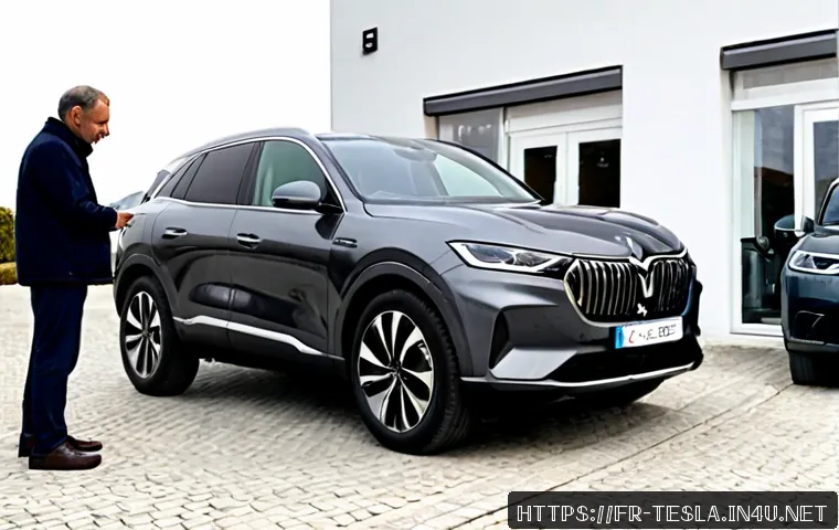 Home 17 테슬라 모델 X의 중고차 구매 팁 - Photorealistic used electric luxury SUV inspection at a clean French suburban dealership, a middle-a...