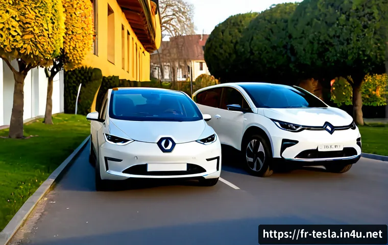 Home 17 테슬라 전기차와 유럽 전기차 비교 - Photorealistic side-by-side electric vehicle comparison on a quiet French suburban street at sunrise...