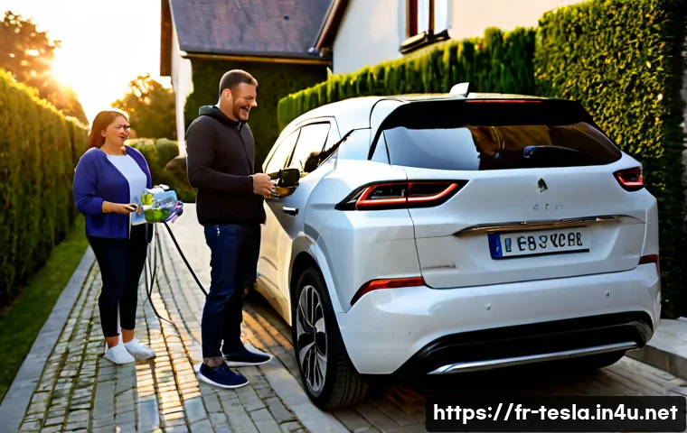 Home 17 테슬라 전기차의 고객 만족도 - Photorealistic electric vehicle customer satisfaction scene in a modern French suburban driveway, a ...