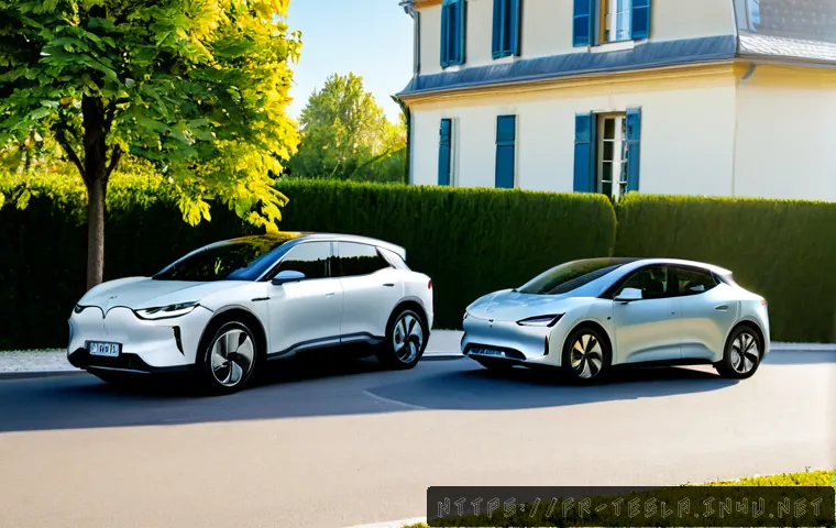 테슬라 모델 3와 기아 EV6 비교 - Photorealistic side-by-side electric car comparison on a clean modern French suburban street: a slee...